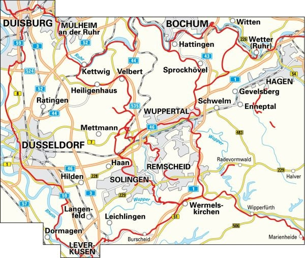 Kreis-Radwanderkarte Wuppertal - Bergische Bahnstrassen